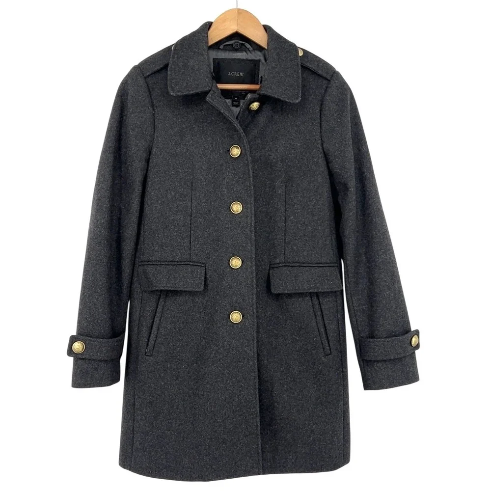 J. Crew Melton Wool Coat Dark Gray Gold Crest Button Military Jacket Size 4 - Picture 1 of 8